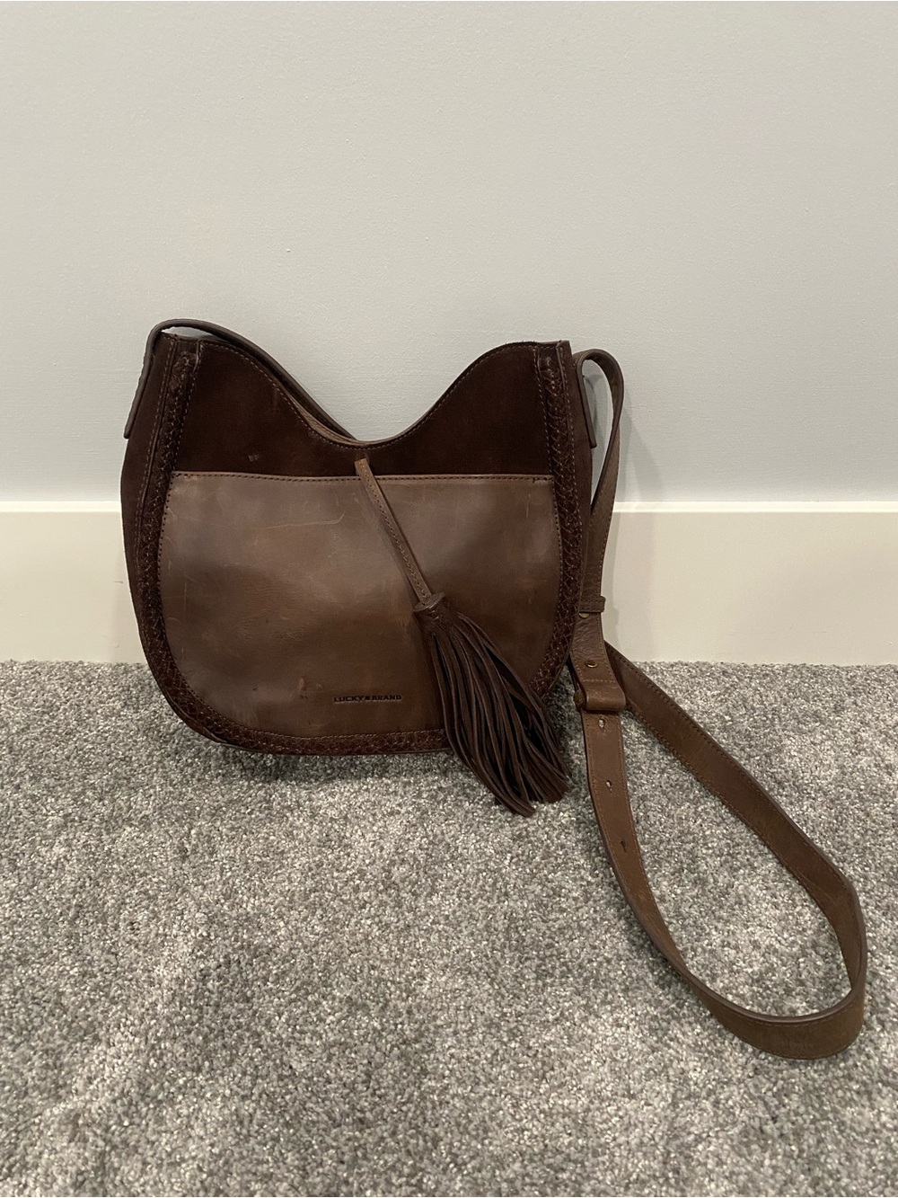 Lucky Brand Dark Brown Suede Leather Crossbody Bag Hobo Purse Leather Tassel